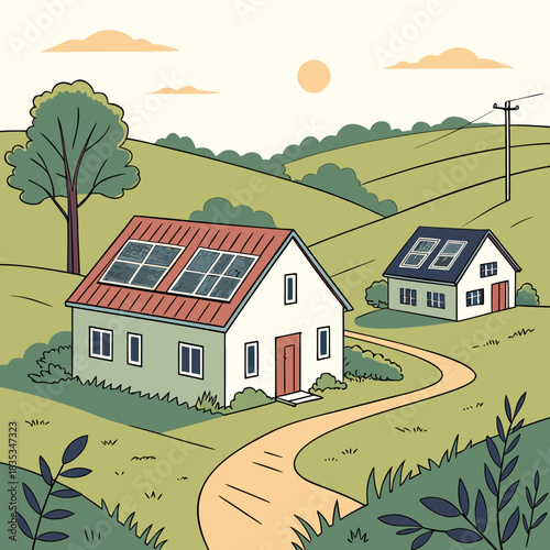 Two houses with solar panels on their roofs sit on rolling green hills under a warm sun and cloudy sky