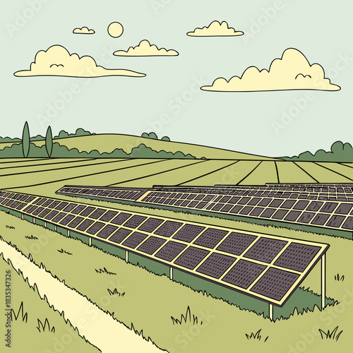 Vast solar panel farm installation in a green countryside landscape under a sunny sky with clouds