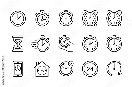 Time tracking stopwatch and clock line icon collection for scheduling and reminders