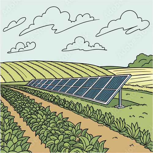 Solar panels installed in a lush green agricultural field with rows of crops and rolling hills under a cloudy sky