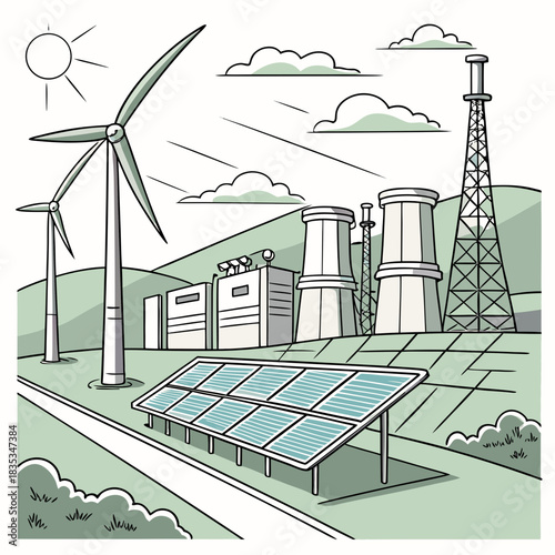 Illustration of a renewable energy power plant with solar panels wind turbines and cooling towers under a sunny sky