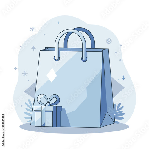 light blue shopping bag with diamond pattern and small gift for retail promotions, winter sales, christmas shopping, and e-commerce blogs, with copy space.