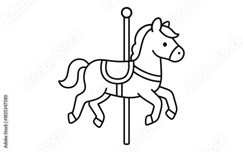 Playful carousel horse in minimalistic black and white linear art