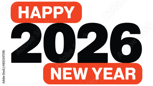 Bold Happy 2026 New Year typography design with modern black lettering and bright red highlight banners, ideal for holiday greetings, posters and celebration graphics