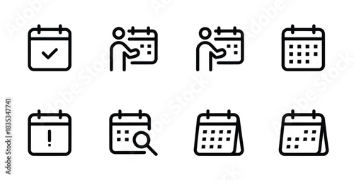 Calendar event and schedule planning line icons for reminders and time management