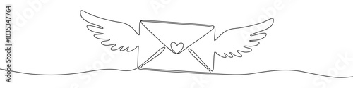 Envelope with wings and a small heart. One line drawing for love letters, romantic messages, and fast delivery. Vector illustration on white.