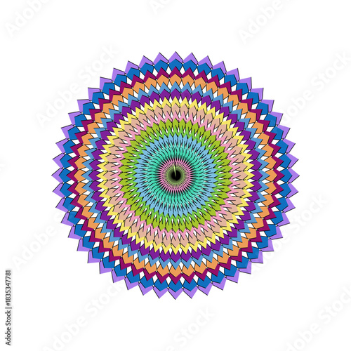 Vibrant and intricate mandala illustration with radiating colorful layers and a captivating serrated starburst design, symbolizing harmony and spiritual energy