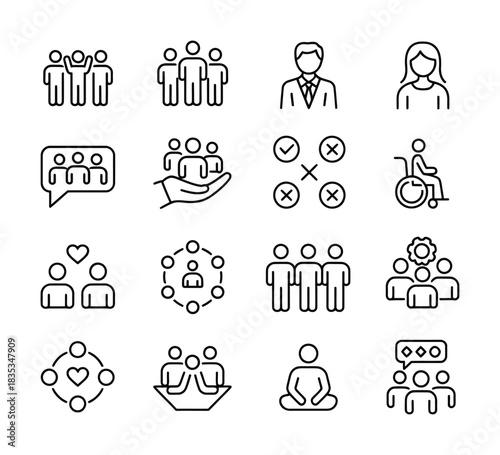 Community diversity and teamwork line icons for social support and inclusion