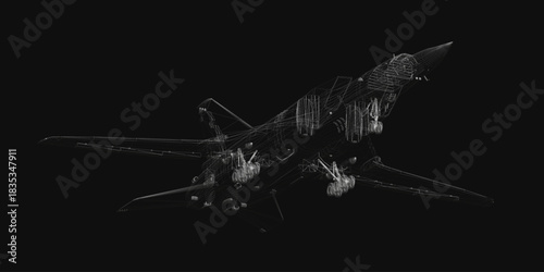 A 3D wireframe model of a military fighter jet is rendered realistically against a black background.