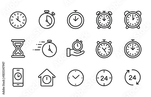 Time management and clock line icon collection for schedule and reminders