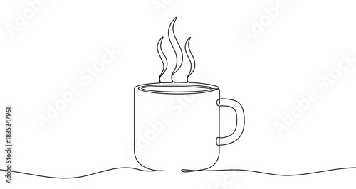 Drawing of a cup or mug with a hot drink and steam in one line art style. Drink illustration with editable stroke. Vector illustration.