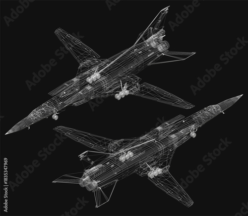 A military fighter jet wireframe model set rendered in 3D on a black background. The detailed structure showcases realistic aviation design and technology.