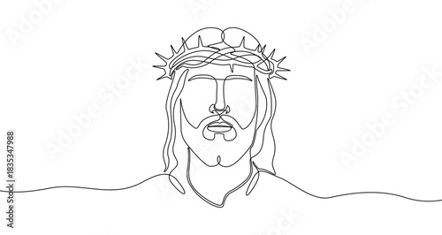 Drawing of the face of Jesus Christ with a crown of thorns in one line art style. Religious illustration with editable stroke. Vector illustration.
