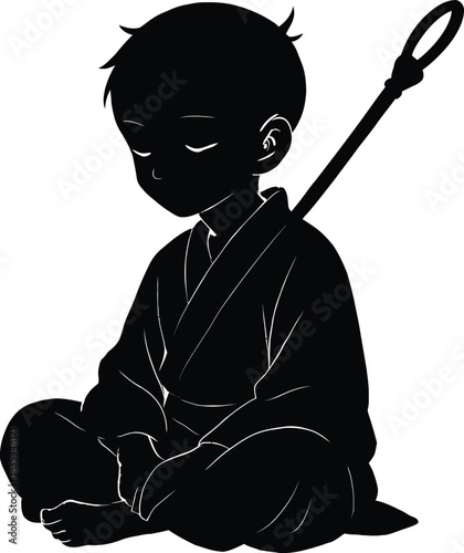 A silhouette of a young boy sitting with a staff over his shoulder