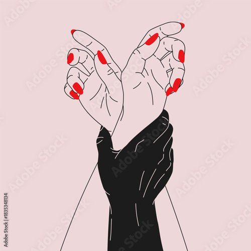 Hand drawn simple illustration with hands of a couple. Male hand holding a female hands. Concept of passion, desire, love, pleasure, intimate moment. Minimal illustration for Valentine's day design