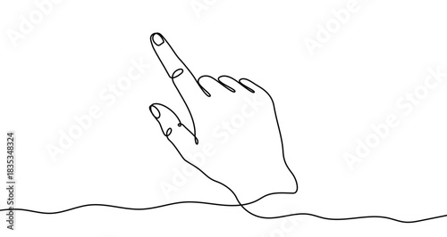 Drawing of a hand with the index finger pointing up in one line art style. Tapping gesture illustration with editable stroke. Vector illustration.