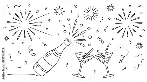 Festive champagne celebration line art with fireworks, confetti and clinking cocktail glasses, perfect for New Year parties, events, holiday cards and invitations