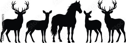 Animal silhouettes, stag and doe, horse in center, wildlife contrast, antlers, equine profile, forest creatures, black shapes, nature art, minimal