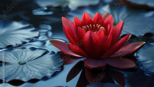 Vibrant red lotus flower on still water