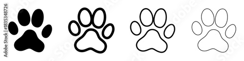 Set of animal paw print icons in various styles: solid, thick outline, thin outline. Pet paw illustration. Vector illustration.