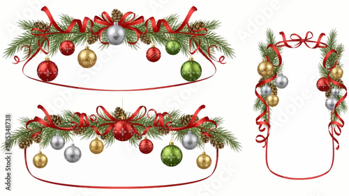 Elegant Christmas ornament arrangements with vibrant red ribbon, pine cones, and colorful baubles for festive holiday designs and seasonal decorations