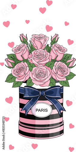 Elegant Pink Rose Bouquet in a Stylish Black and Pink Striped Paris Hat Box with a Navy Blue Ribbon and Floating Pink Hearts, Celebrating Romance and Chic French Style Vector.