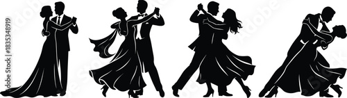 Ballroom dance silhouette, elegant couple dancing, romantic movement, formal attire, graceful pose, performance art, dramatic dip, black background, stylish motion