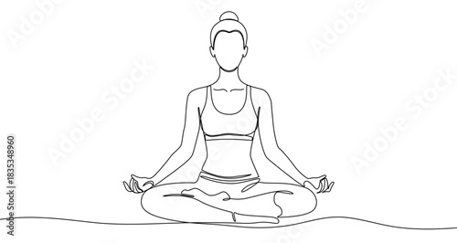 Woman meditating in lotus position in continuous one line art style. Figure sketch with editable black stroke on white background. Vector illustration.