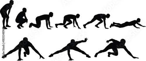 Athlete silhouette, sprint start, crawling motion, agility training, human movement, biomechanics, fitness drill, dynamic posture, sports performance, body coordination