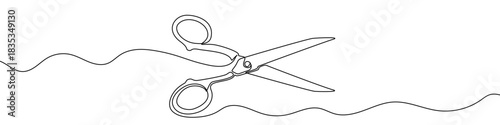 Scissors standing in an open position in continuous one line art style. Tool sketch with editable black stroke on white background. Vector illustration.