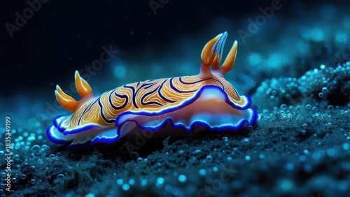 Vibrant sea slug in dark ocean