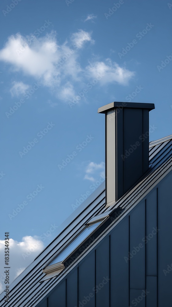 Obraz premium Gray Metal Roof and Chimney Against a Bright Blue Sky with Scattered Clouds at Daytime Exterior Architecture Minimalist Design Building Top View Sunny Day
