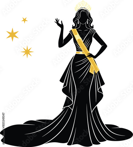beauty queen silhouette, elegant gown, pageant winner, crown and sash, fashion icon, graceful pose, gold stars, celebration, glamour, royalty