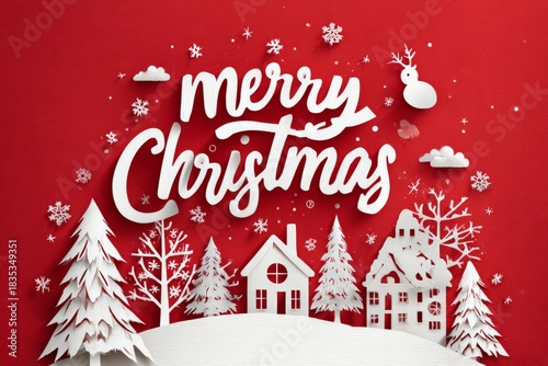 Merry christmas paper art winter village greeting card