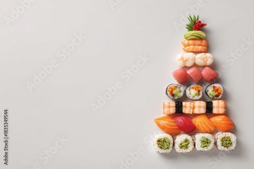 Sushi pieces arranging festive christmas tree shape, copy space