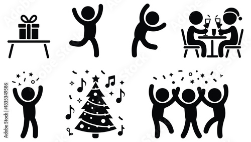 Festive holiday stick figure icons showing celebration, gift giving, dancing, Christmas tree, party moments and joyful winter activities in simple vector style