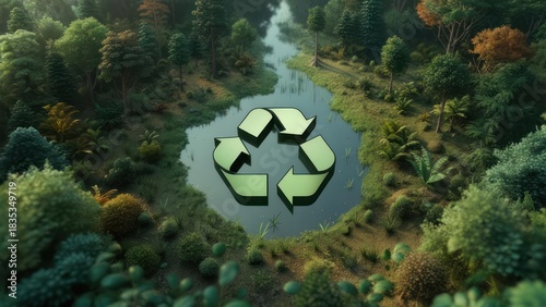 Verdant forest with a recycle symbol in a serene pond
