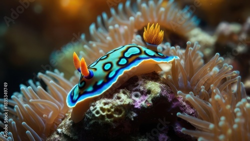Vibrant sea slug nestled amidst coral
