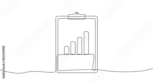 Continuous one line drawing of a clipboard holding a growth bar chart. Editable black stroke on a white background. Vector illustration.