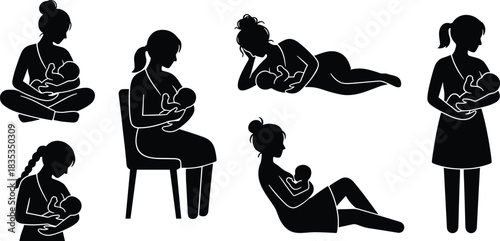 Breastfeeding positions, mother and baby, silhouette illustration, infant care, nursing techniques, maternal health, lactation support, parenting, newborn feeding, posture guide