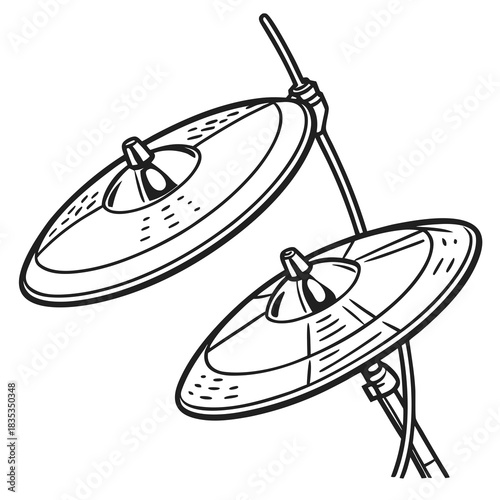 A stylized black and white illustration of two cymbals mounted on stands ready to be struck by drumsticks for rhythmic musical performance