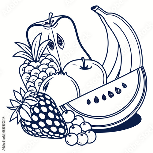 A vibrant and healthy assortment of fresh fruits including strawberries blueberries bananas apples pears pineapples pomegranates and watermelon slices depicted in a clean outline style