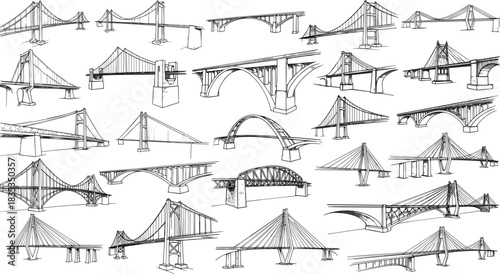 bridge design collection, suspension bridge sketch, cable-stayed blueprint, arch bridge drawing, beam structure, truss engineering, civil architecture, infrastructure art