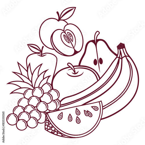 A vibrant collection of fresh fruits including apples bananas grapes watermelon and pear depicted in a clean line art style against a white background