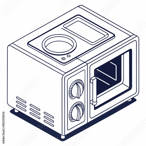Stylized isometric line art illustration of a compact kitchen appliance combining a microwave oven with a stovetop burner and digital display perfect for small spaces