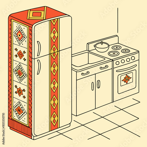Retro kitchen scene with a vintage refrigerator adorned with a colorful patterned textile and a classic stove and sink setup on a tiled floor