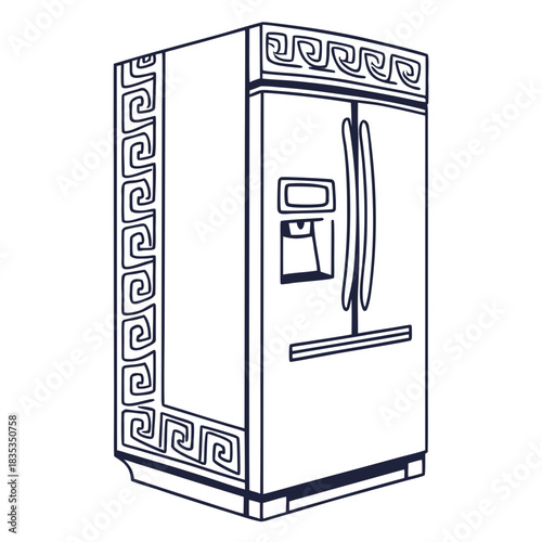 A stylized line drawing of a modern double door refrigerator with a water dispenser and decorative greek key pattern on the sides and top