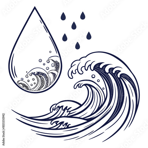 Stylized illustration of a large water drop containing ocean waves and bubbles next to crashing waves and falling raindrops in a minimalist dark blue line art style on a white background