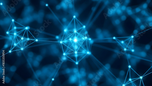 Illuminated network of interconnected nodes with geometric shapes against a blue gradient background resembling a