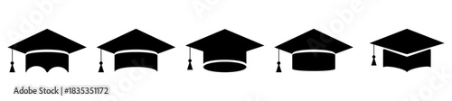 Set of graduation student black cap icons